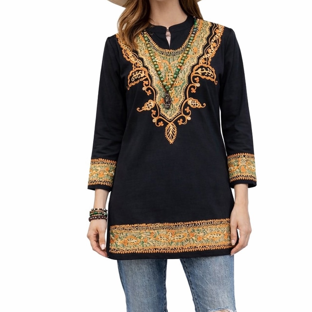 Kurta Top Womens S Black Embroidery Tunic Ethnic Cultural Moroccan Nomad Boho